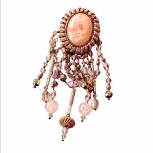 Vintage Pink Agate gold Swarovski Crystal hand beaded festoon style 5”x 2” pin